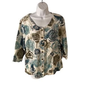 42-8 Lantana Casuals white green brown artsy linen 3/4 sleeve button up top M